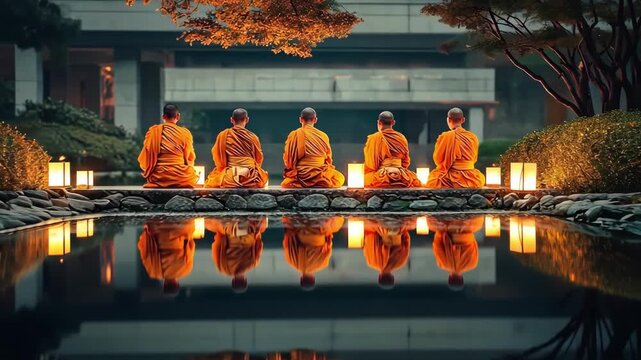 Monks meditating by a tranquil pond with lantern reflections at twilight.