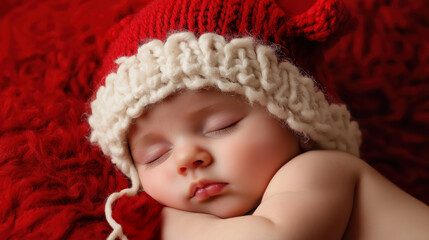 Baby Asleep in Cozy Red Setting With Knitted Hat