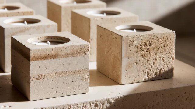 Close-up neutral sandstone candle holders aligned in refined modern grid, commercial magazine look, modern hanukkah home decor