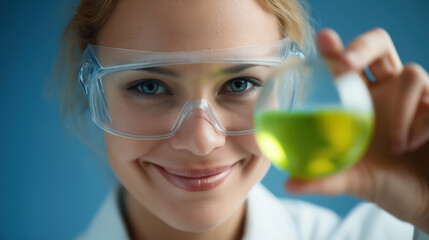 Scientist Smiles While Holding Green Liquid in Laboratory