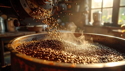 Roasted coffee beans fall into a large metal container
