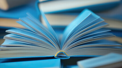 Blue Book Open on a Pile of Books in a Cozy Reading Space
