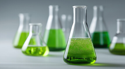 Vibrant Green Liquids in Glass Flasks Hint at Experiments