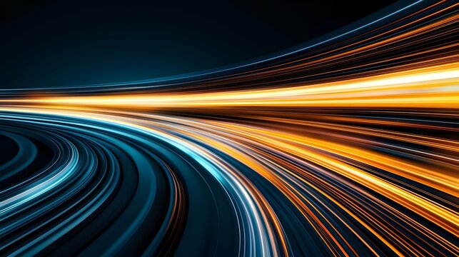 The image displays a dark background with a dynamic arrangement of glowing, curved lines in shades of blue and orange, creating an effect of motion and futuristic or technological design.