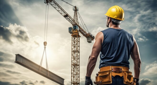 Male construction worker in a yellow hard hat and tool belt observes a large crane lifting a heavy steel beam at a building site under a cloudy sky