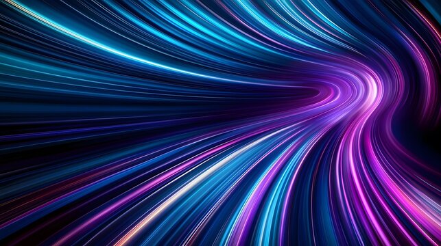 The image displays an abstract illustration of brightly colored light trails in shades of blue, purple and white, that create a swirling vortex from dark background.