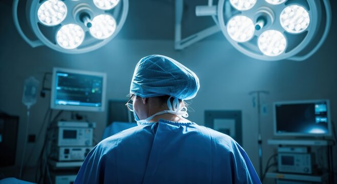 Rear view of a surgeon in blue scrubs and cap, standing in a sterile operating room under bright surgical lights, with medical monitors in the background.