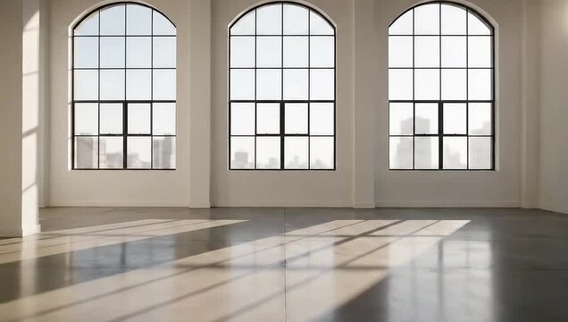 Bright and airy interior space, showcasing natural light filtering through tall arched windows, casting shadows on the polished floor, creating a sense of serenity and openness