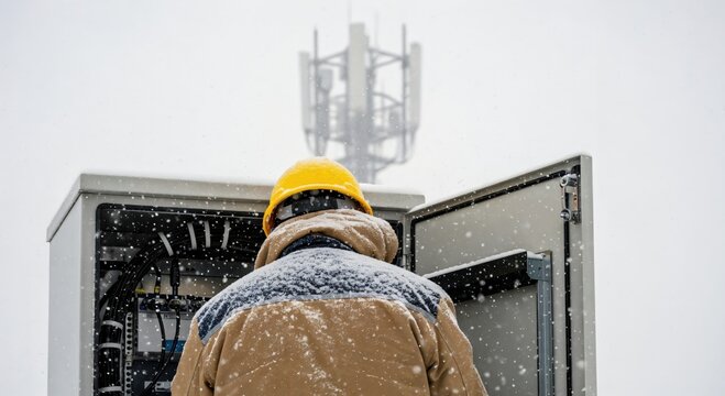 Professional technician in a yellow hard hat inspecting an open telecommunication equipment cabinet outdoors during a snowy winter day with a cell tower in the background.