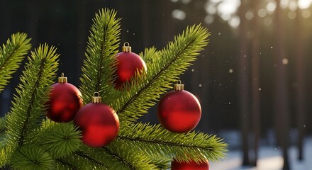 Photorealistic vector illustration of vibrant red Christmas baubles hanging on a snowy spruce tree branch, set against a blurred winter forest background with warm, golden sunlight and gentle bokeh ef