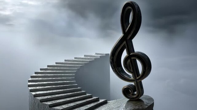 Stairway to musical heaven with a treble clef against a cloudy sky backdrop.