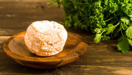 Round cheese on wooden plate with herbs