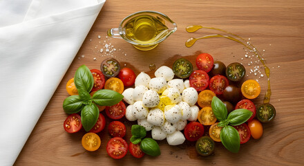 Fresh Caprese Salad Ingredients Cherry Tomatoes, Mozzarella Balls, and Basil Sprigs with Olive Oil