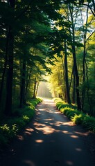 Obraz premium A winding, sunlit path through a lush forest, evoking joy and adventure, sunlight, green