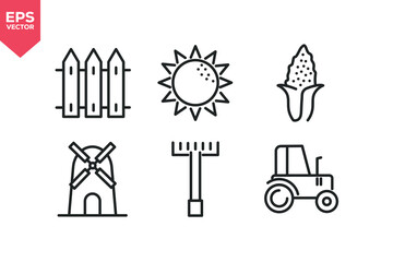 Set of line icons related to sun flower, fence, corn, rake, mill, tractor. Outline icons collection. Editable stroke. Vector illustration