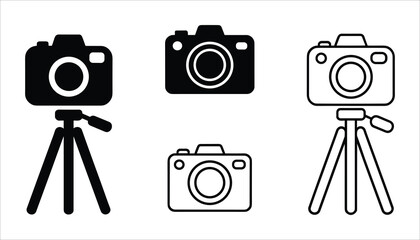 Four black and white camera icons on tripods and standalone on white background photography digital camera