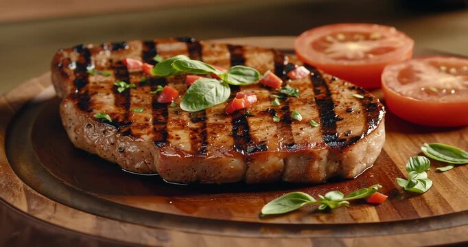 Grilled steak served on a wooden platter with fresh tomatoes and herbs, perfect for culinary photography