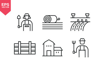 Set of line icons related to farmer, harvest, house, irrigation, hay bale. Outline icons collection. Editable stroke. Vector illustration