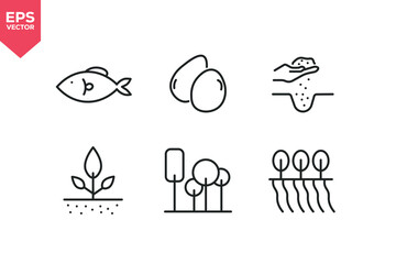 Set of line icons related to fish, fruit, plant, tree, seeds. Outline icons collection. Editable stroke. Vector illustration