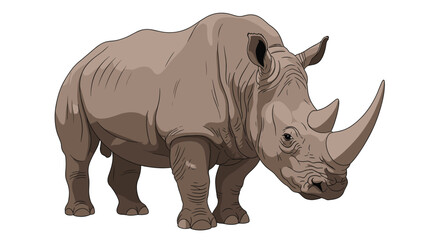 Fototapeta premium An illustration of a powerful rhinoceros with prominent horns and thick, wrinkled skin, standing firmly on a white background.