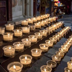 Rows of burning prayer candles