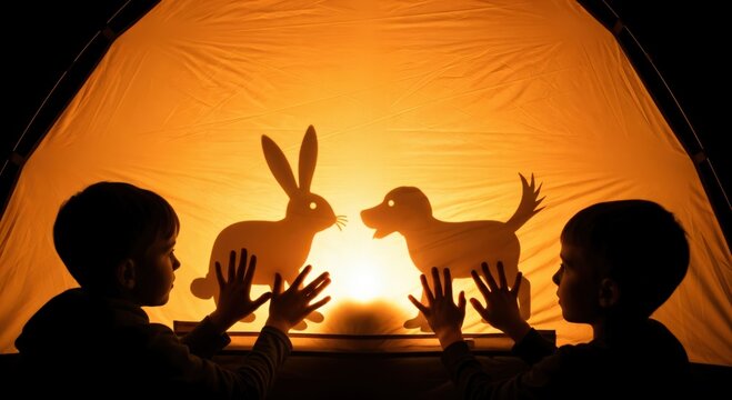 Two young boys, seen in silhouette, engage in imaginative play, creating a shadow puppet show with a rabbit and a dog against a warm, glowing orange screen.