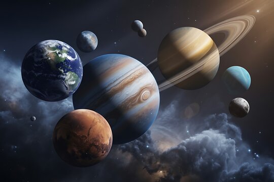 A realistic depiction of the planets of our solar system in space with nebulae and stars earth mars