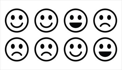 Eight black and white simple smiley and sad face icons arranged in two rows on a white background smiley face