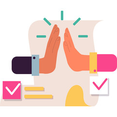 Two Diverse Hands High Five In Celebration Of Agreement And Success Over A Document With Checkmarks...