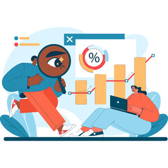 Two Diverse Individuals Analyze Financial Data With Magnifying Glass And Laptop In A Business Setting With A Transparent Background