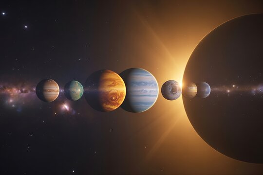 A line of planets in our solar system illuminated by a bright sun with a nebula in the background astronomy