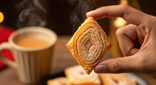 Close-up of a hand holding a golden fried layered sweet pastry, dusted with powdered sugar, with a steaming cup of traditional Indian chai tea in the background.