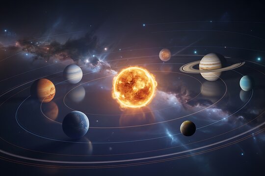 The sun and planets of our solar system in orbit with swirling nebulae and distant stars space - Powered by Adobe