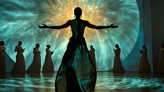 A solo female dancer, seen as a dark silhouette, strikes a dramatic pose from a classical dance in front of an ornate, glowing backdrop