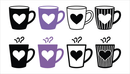 Eight graphic mugs with white hearts two black two purple two white and two striped black and white love