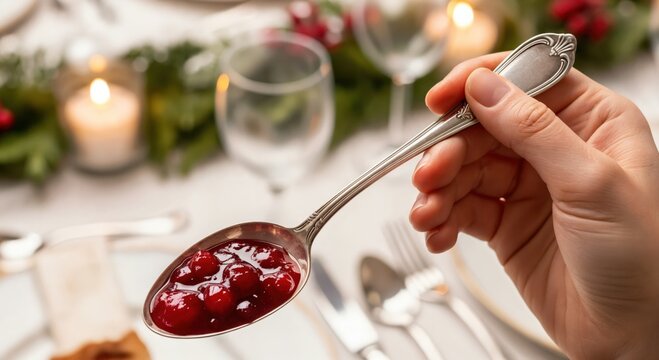 Close-up of a hand holding a silver spoon filled with vibrant cranberry sauce, ready to be served at a festive holiday dinner table setting.