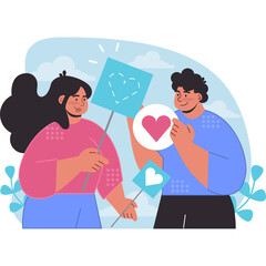 Two Diverse People Holding Signs With Hearts Representing Love and Education Against a Sky Background With Clouds and Greenery