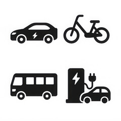 Icons of electric car, bicycle, bus, and charging station on white background