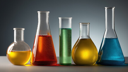 Colorful Liquids in Glass Beakers on a Table