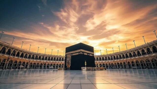Empty courtyard of Masjid al-Haram with the Kaaba at its center, under a dramatic, animated golden sunset sky.