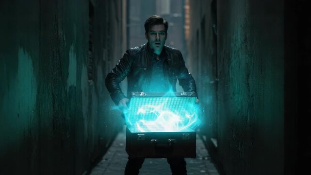 Man opening briefcase with glowing energy concept