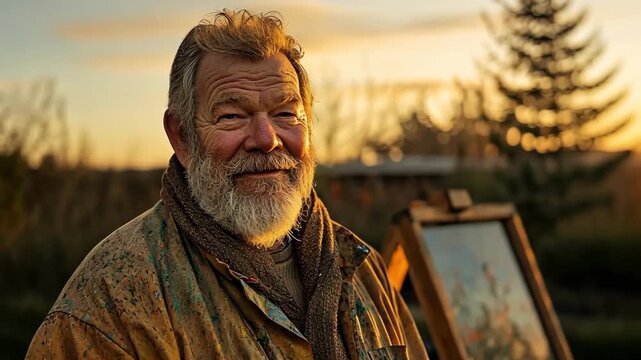 Smiling artist in paint-splattered smock at sunset, ready to create art outdoors.