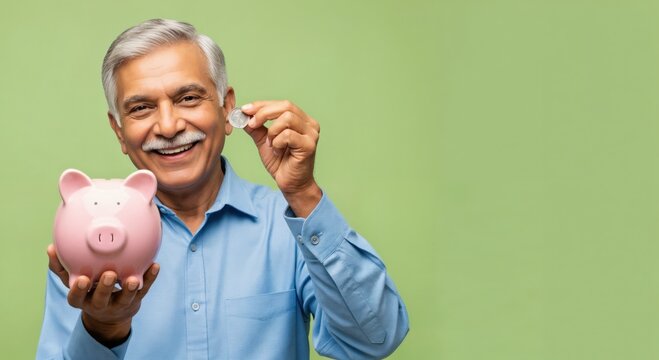 Happy senior Indian man smiling while holding a pink piggy bank and a coin, symbolizing savings and financial planning.