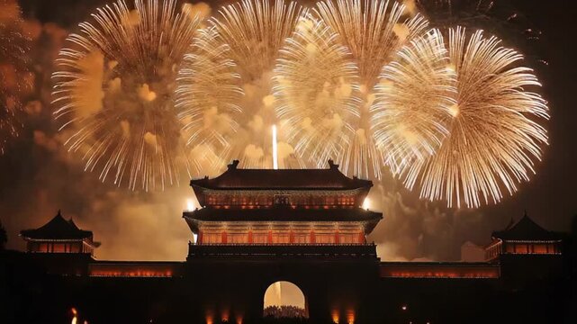 Golden fireworks cascade down over a large, illuminated historical building at night, marking a festive holiday celebration