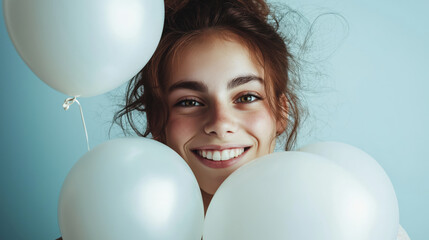 Smiling Girl Holding White Balloons Against a Blue Background