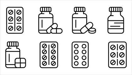 Set of black outline icons for medicine bottles and blister packs of pills on white background tablets