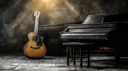 Musical Instruments in a Cozy Dimly Lit Room