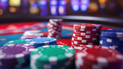 Colorful Poker Chips Stacked on a Gaming Table in a Casino