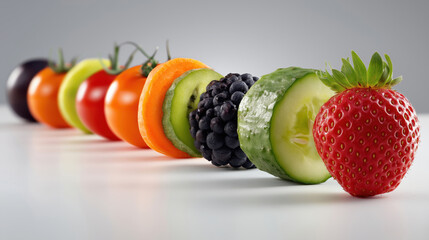 Colorful Fruits and Vegetables Arranged in a Creative Line