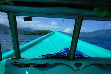 View inside the cabin of a wooden ship under sailing